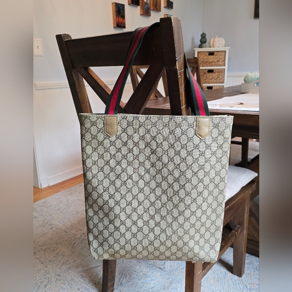 GUCCI Authentic Web Sherry Line GG Shoulder Tote Bag PVC Leather Monogram - Picture 3 of 16